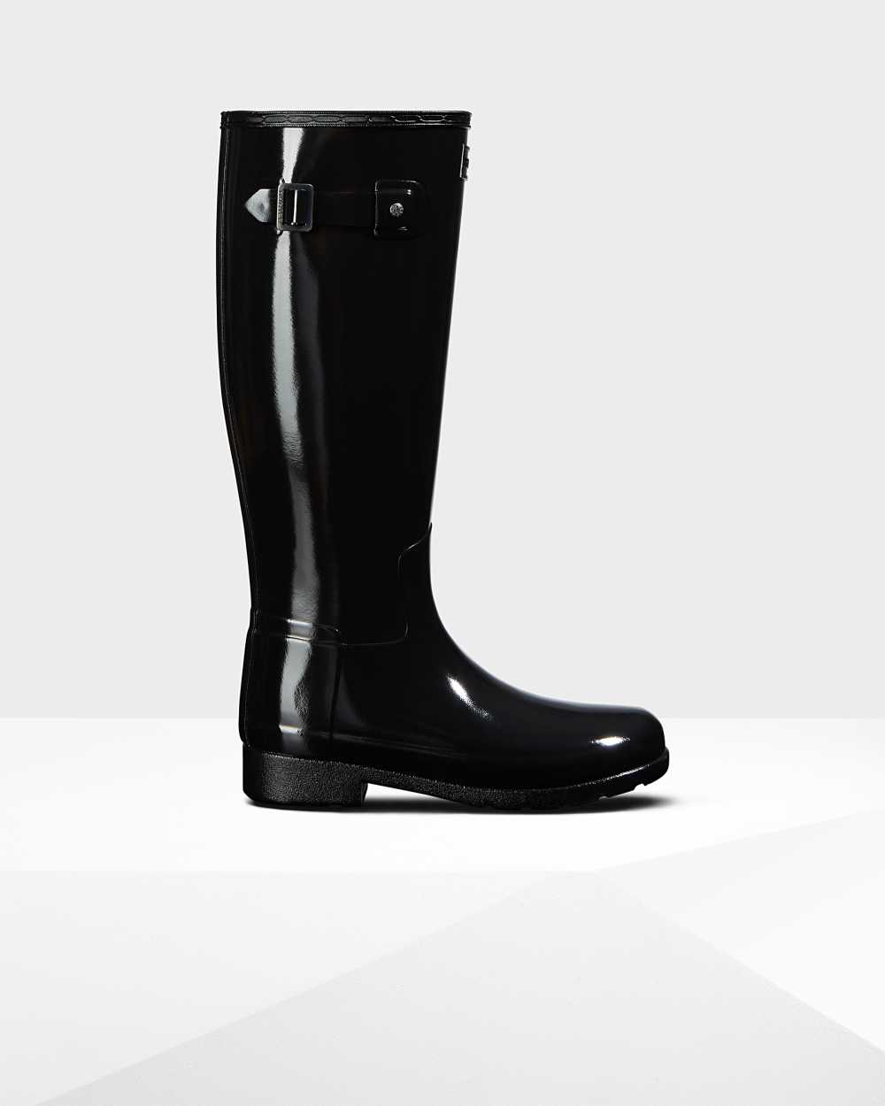 Womens Hunter Original Refined Tall Gloss Rain Boots Black | AHSFTJ-256